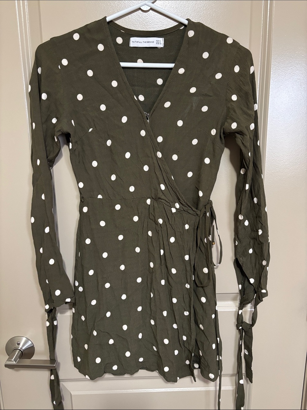 Faithfull the Brand Olive Green Polka Dot Wrap Dress